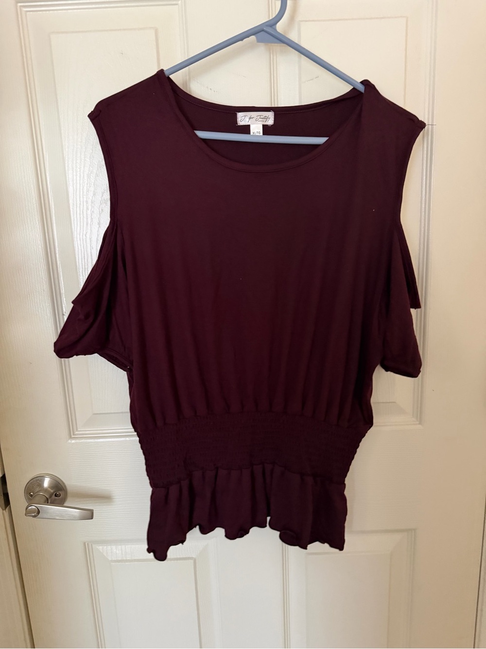 Justify Cold-Shoulder Peplum Tunic in Plum